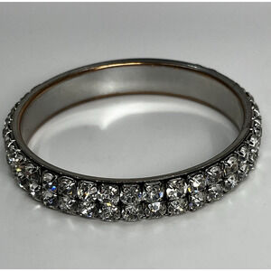 Large Rhinestone Two Row Bangle Bracelet in Silver Tone Oversized Fit Evening